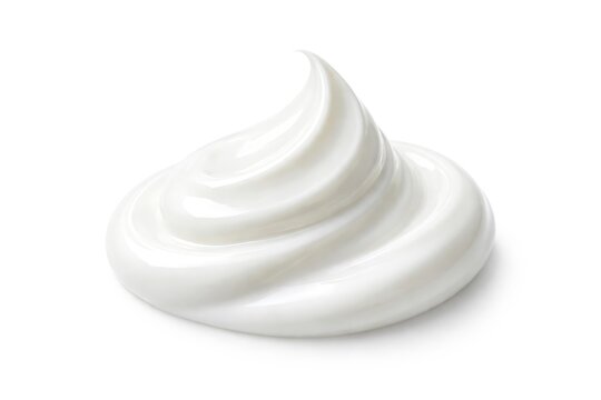 Swirl of white cream or lotion on a plain white background.