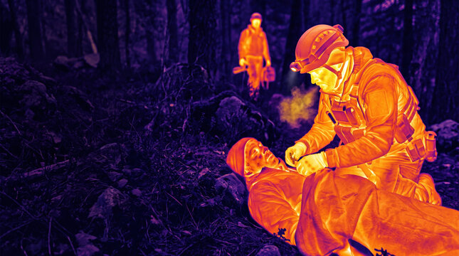 Thermal imaging rescue operation in forest capturing emergency responders aiding injured individual. Thermal imaging showcases rescuers assessing injuries while surrounded by dense woodland.
