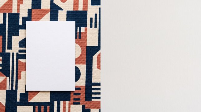 High angle view of minimalist plain white greeting card with blank unprinted surface on flat textile surface beautifully patterned with abstract geometric blocks of navy blue cream red colors