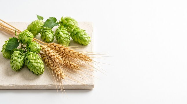 Macro studio shot of minimalist arrangement of fresh green hop cones and golden wheat spikelets resting on soft cream colored ceramic tile pristine pure white background layout textless