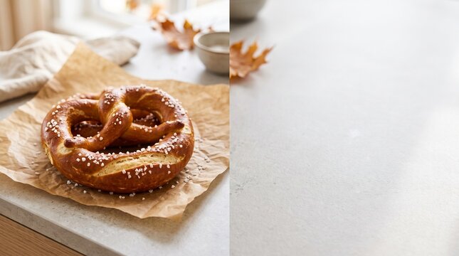 Close up view of single baked traditional Bavarian pretzel with salt crystals on organic baking paper on clean light grey stone counter empty counter surface background layout textless