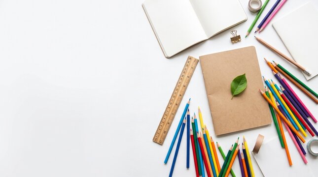 High angle view of flat lay arrangement of sharp colored pencils clean plain unprinted notebooks and wooden ruler on white surface with single fresh leaf edge empty bright backdrop layout