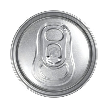 Soda can top view showing a metallic silver aluminum lid with a pull tab ring for opening a beverage drink container&nbsp;