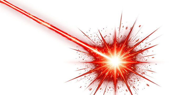 A bright red laser beam explodes in a burst of light on transparent background