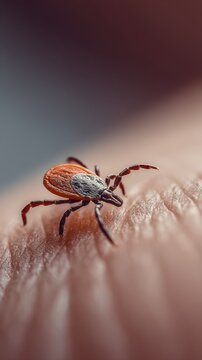 Detailed macro view of a small reddish-brown tick clinging to textured human skin with a blurred gradient background in soft natural light