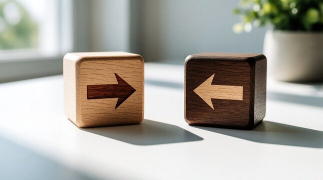 Two wooden cubes with arrow symbols pointing in opposite directions sit on white desk. Light, dark wood blocks display contrast comparison business strategy decision choice change concept. Minimalist