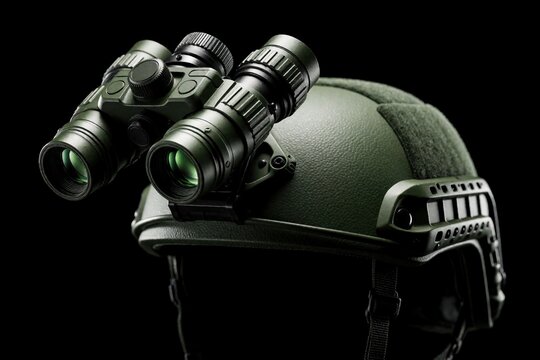 Green tactical combat helmet with night vision goggles mounted on front part. Pro army gear for stealth observation missions in complete darkness. Protective military headwear with binocular optical