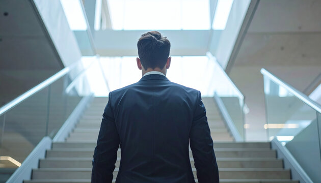 Business man in suit standing on stairs looking up at bright light in a modern corporate office building interior