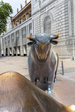 View of a bull and bear sculpture at the Frankfurt Stock Exchange - Frankfurter Wertpapierb&ouml;rse, FWB - Deutsche Borse located in Frankfurt.