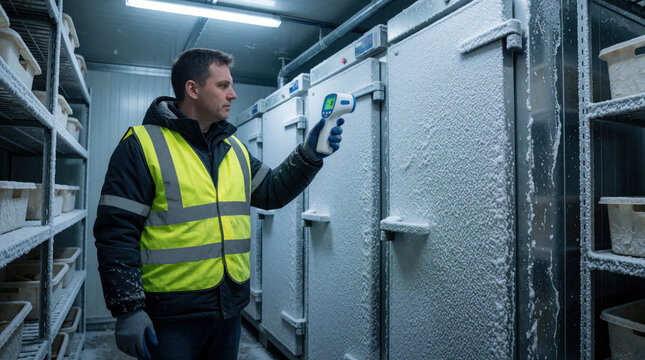 Male warehouse worker in high visibility vest uses digital thermometer to check temperature in industrial cold storage freezer facility. Professional technician monitors frozen food quality control,
