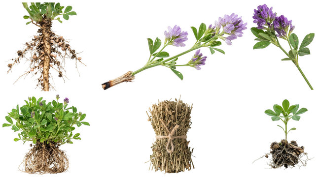 A collection of alfalfa plants, sprouts, roots, flowers, pods, and dried forage in various growth stages.
