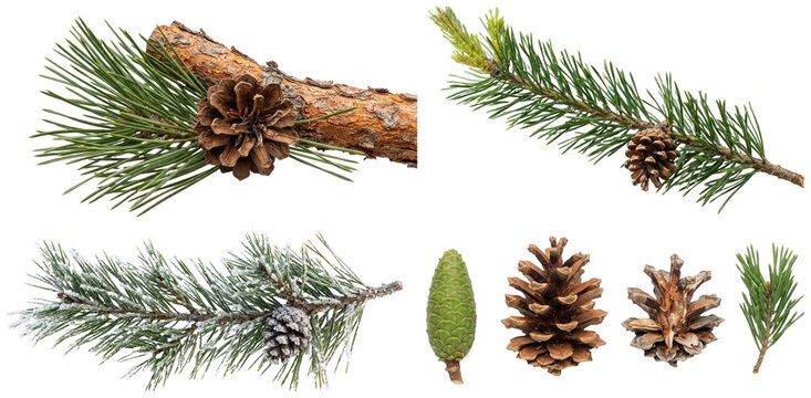 A botanical collection of pine branches, cones, seedlings, and decorative evergreen arrangements on white.