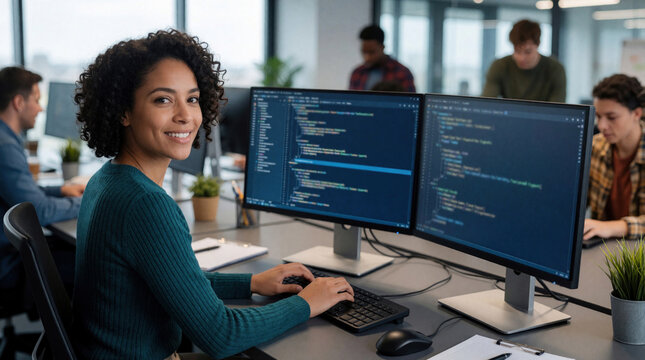 Woman programmer types code on dual monitors in modern office. Colleagues work in busy open plan workspace. She smiles at camera happy at tech job. Her laptop is open.