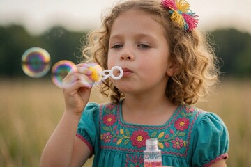 Obraz premium Curly blond girl blows soap bubbles in garden park. Cute preschool child wears floral blue dress outdoor during sunny summer day. Little female kid enjoys playtime with toy wand. Happy youth feels
