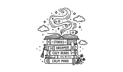 Obraz premium Cozy Book Pile with Coffee Steam Inspired Doodle Vector Line Art Design