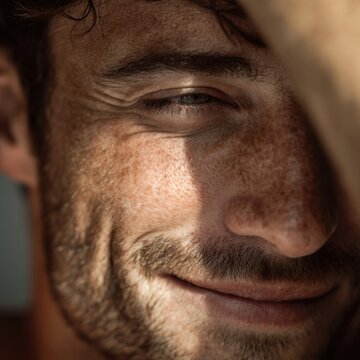 Smiling man with freckles and stubble shielding his eyes from sunlight, showing natural skin texture and joyful expression in warm close-up portrait
