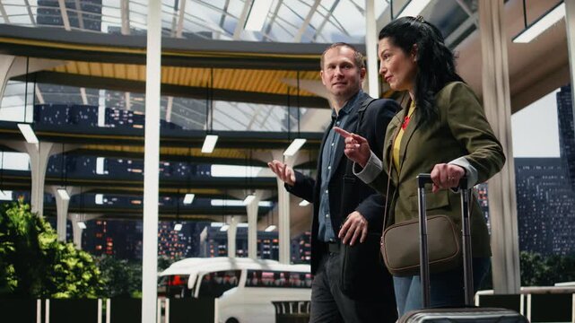 Business travelers walk through a bus terminal while discussing work; the companions continue their conversation on the coach station departure platform.