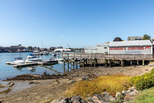 pier and wooden hut of Morrisons lobsters compagny in Portsmouth. Portsmouth is famous for its Lobster fishing companies.