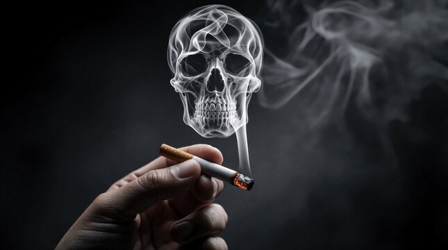 Hand holds burning cigarette on black background. Rising smoke forms human skull shape as warning against harmful tobacco habits. Concept art represents lung cancer health risk, death dangers from
