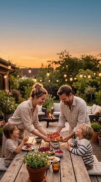 Family sharing sweet fruit dessert and smiling together after outdoor dinner