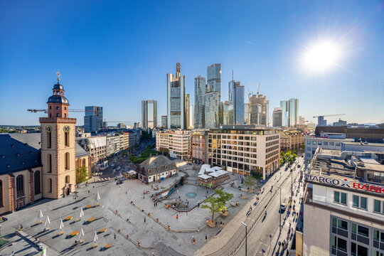 aerial view to skyline of Frankfurt am Main in midday mood with historic guard house, Hauptwache