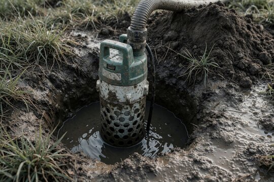 Submersible pump operates in muddy ground hole to drain liquid from flooded area. Industrial equipment performs water removal during well repair. Dirty hose connects to electric machine for drainage