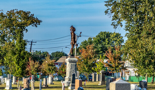 grave of the indian Aspinquid, chief of the Penacooks,also called the indian saint with an iron indian sculpture at the Edson cemetery, also the place for jack kerouac in Lowell