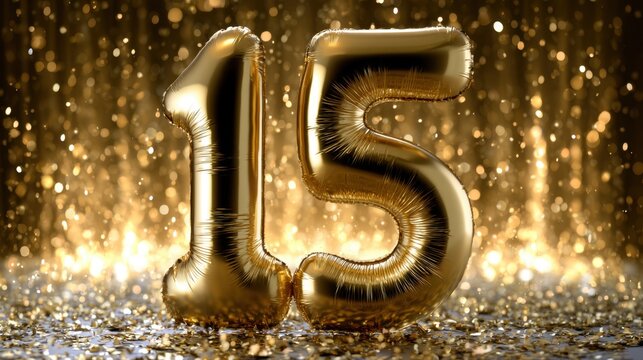 Shiny golden number 15 balloons against a sparkling golden bokeh background with festive confetti on the surface celebrating a special milestone event or anniversary