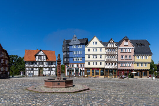 market square at Hessenpark in Neu Anspach. Since 1974, more than 100 endangered buildings have been re-erected at the Hessenpark Open-Air Museum