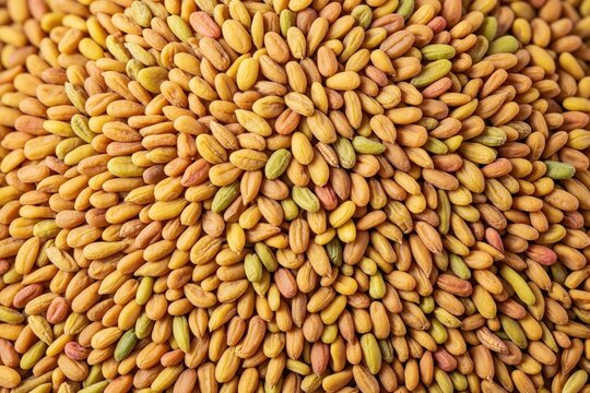 Macro shot of raw dried fenugreek seeds piled on flat surface. Small golden brown methi grains fill frame providing textured organic background. Healthy culinary ingredient used for Indian cuisine