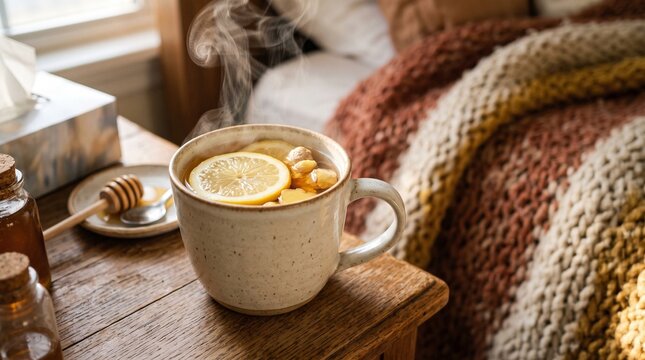 Steaming cup of lemon ginger tea with honey and tissues on a wooden table