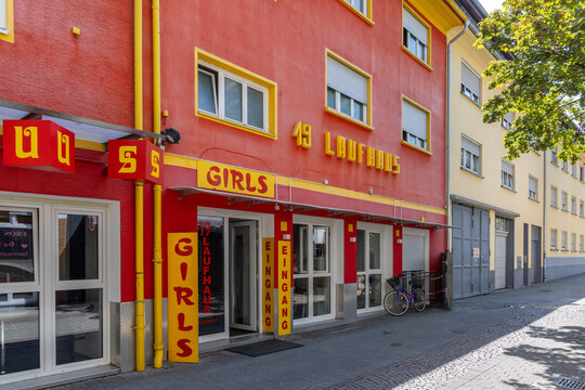 facade of brothel laufhaus, tne eros center in the Leonard street downtown Karlsruhe
