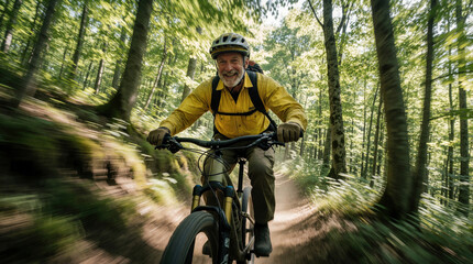 Fototapeta premium Mature man rides mountain bike on forest trail. Happy senior retiree cycles fast along woodland path wearing safety helmet. Active older guy enjoys outdoor sports exercise in nature. Guy practices