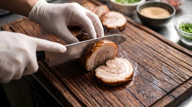 Chef slicing roasted chashu pork belly roll on wooden board