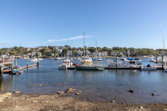 view from Marina in Gloucester to old town with typical wooden scenic houses