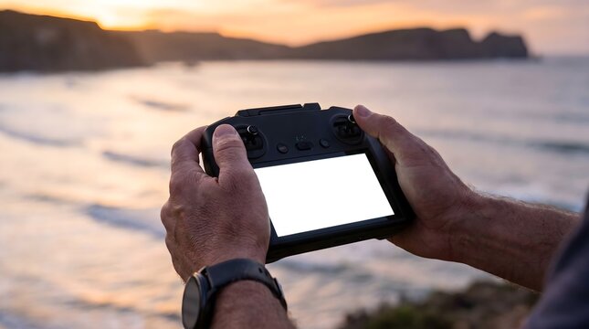 Hands holding drone remote controller with blank screen at sunset
