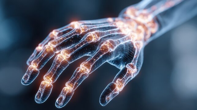 Glowing wireframe human hand skeleton with orange joint highlights, 3D render