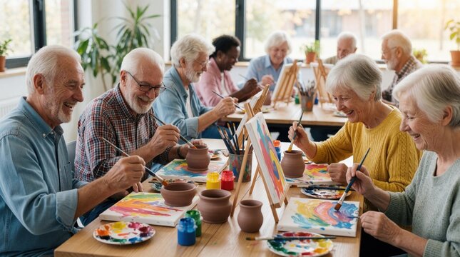 Happy senior friends paint on canvas, decorate pottery at community art class. Elderly group enjoys creative leisure activity together indoors. Retired men, women smile learn craft skill in wellness