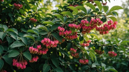 Obraz premium Euonymus europaeus bush displays bright pink berries and lush green leaves against a soft, blurred background. Its branches hang low, laden with ripe fruit ready for harvest in the garden.
