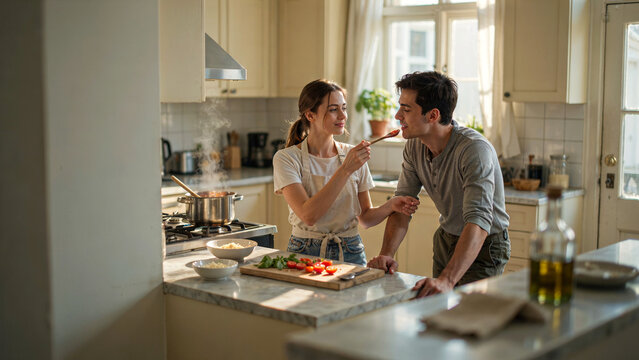 Young couple sharing a romantic moment while preparing a homemade meal in the kitchen with couple interacting affectionately affectionately woman feeds