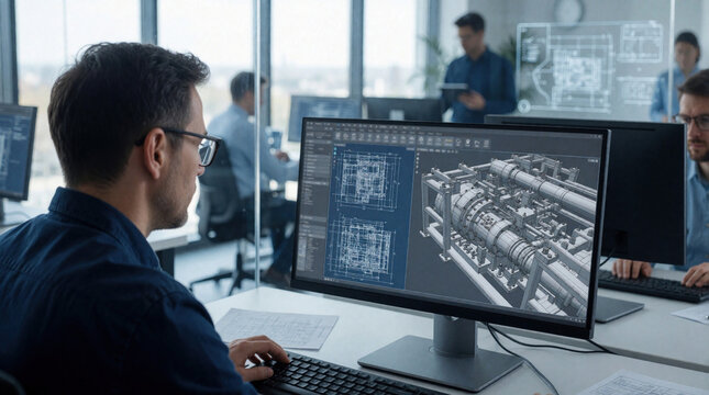 Male mechanical engineer working on computer with CAD software for industrial design in modern office. Pro technician monitors technical blueprint on display modeling digital machine component for