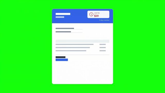 Overdue Invoice with Increasing Late Fee Animation on Green Screen