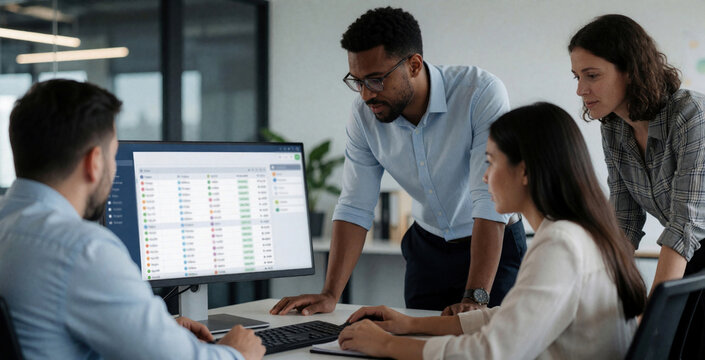 Diverse business team reviews payroll data on computer screen in modern office. Manager explains salary details to colleagues using software. Group collaborates on financial reporting, tax