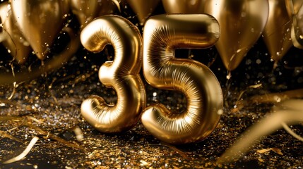 Naklejka premium Shiny golden number 35 balloons surrounded by confetti and festive decorations for a sophisticated celebration or milestone event background