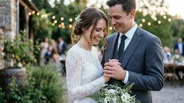 Happy bride and groom holding hands and smiling at each other during their outdoor wedding reception