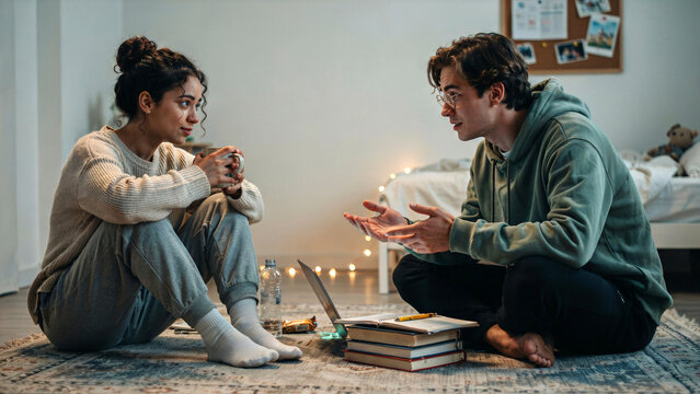 Young couple engaging in deep conversation while sitting on bedroom floor with study materials nearby with sharing meaningful conversation surrounded books