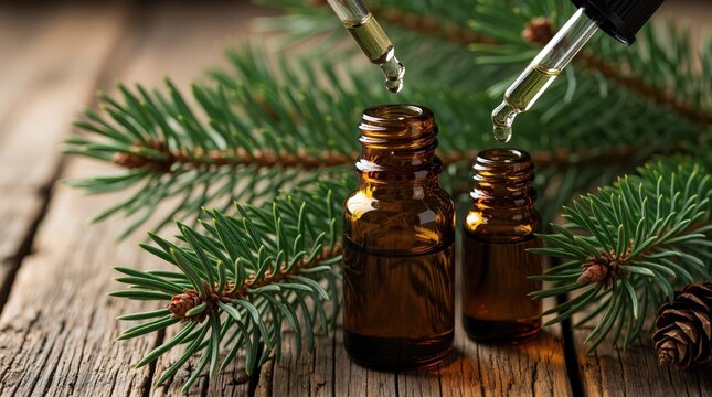 Pine essential oil drips from pipette into amber bottle. Conifer branches and cones on wooden surface. Natural aromatherapy liquid extraction for wellness and beauty.
