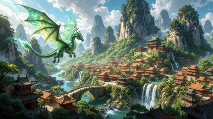 Fototapeta premium Green dragon flies above asian village in mountains. Ancient pagoda houses sit near waterfall, river. Mythical beast soars in sky over green valley with traditional buildings. Scenic fantasy