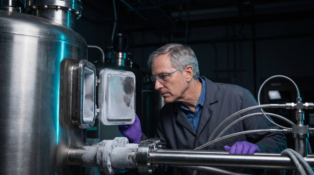 Physicist Examines Cryogenic Quantum Computing Equipment