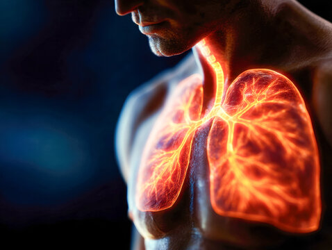 Visualization of a human male torso highlighting illuminated respiratory system with glowing lungs and trachea pathways in a scientific and medical concept backgroun